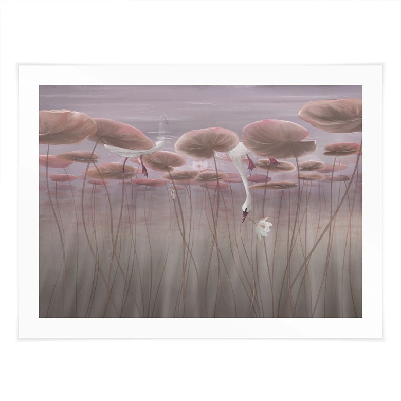Poster Lotusblumen mit Schwan im Wasser in Altrosa - Ms Tiff 