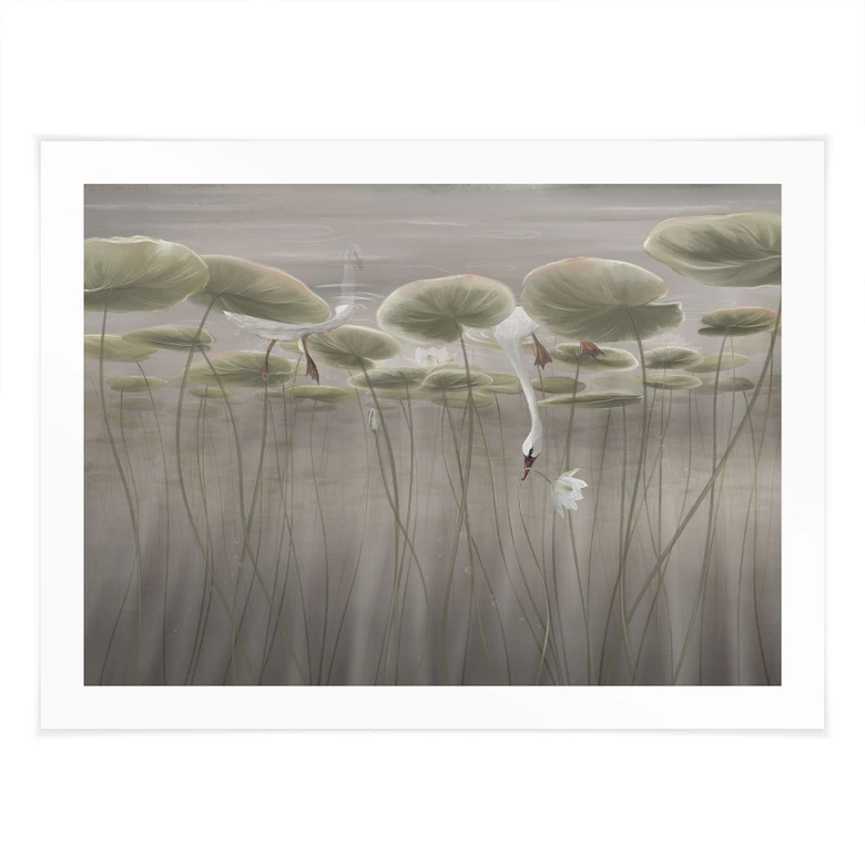 Poster Lotusblumen mit Schwan im Wasser in Grau - Ms Tiff 