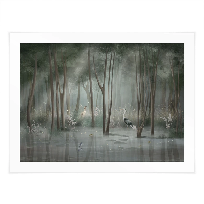 Poster Nebelwald am See mit Reiher in Grün - Ms Tiff 