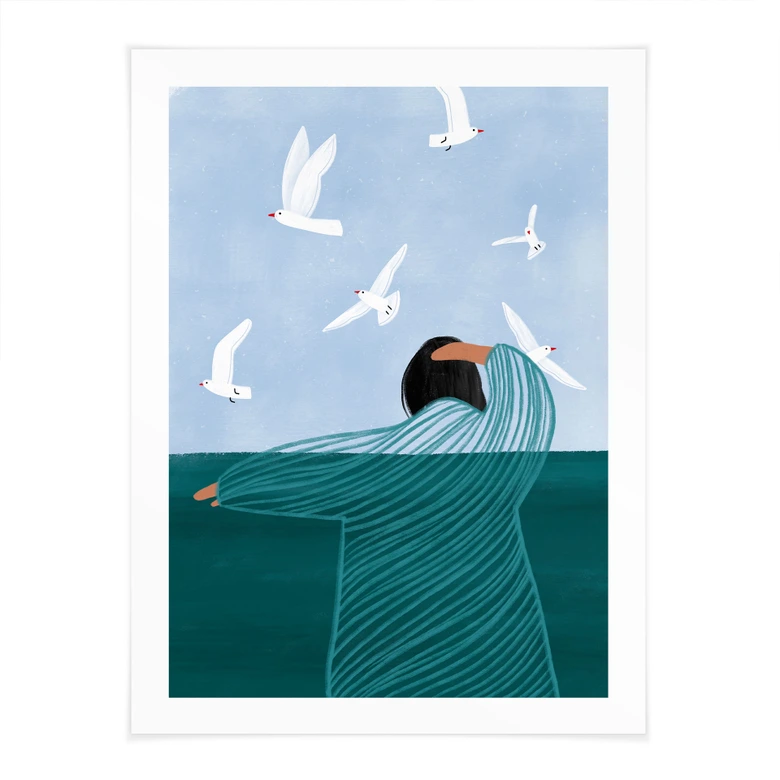 Poster kvinna med fiskmåsar vid havet - Müller 