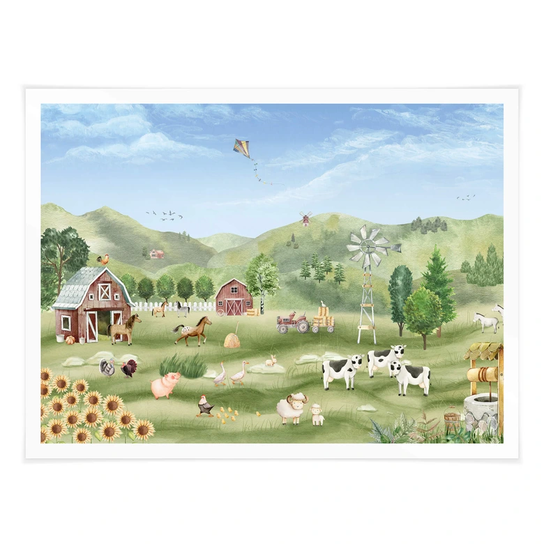 Poster - Oliver Robins - Kleurrijke boerderij met dieren 