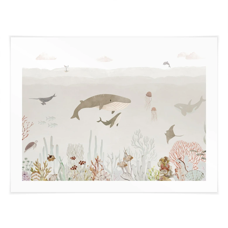 Póster Las ballenas y sus amigos en el mundo submarino - Póster infantil - Oliver Robins 