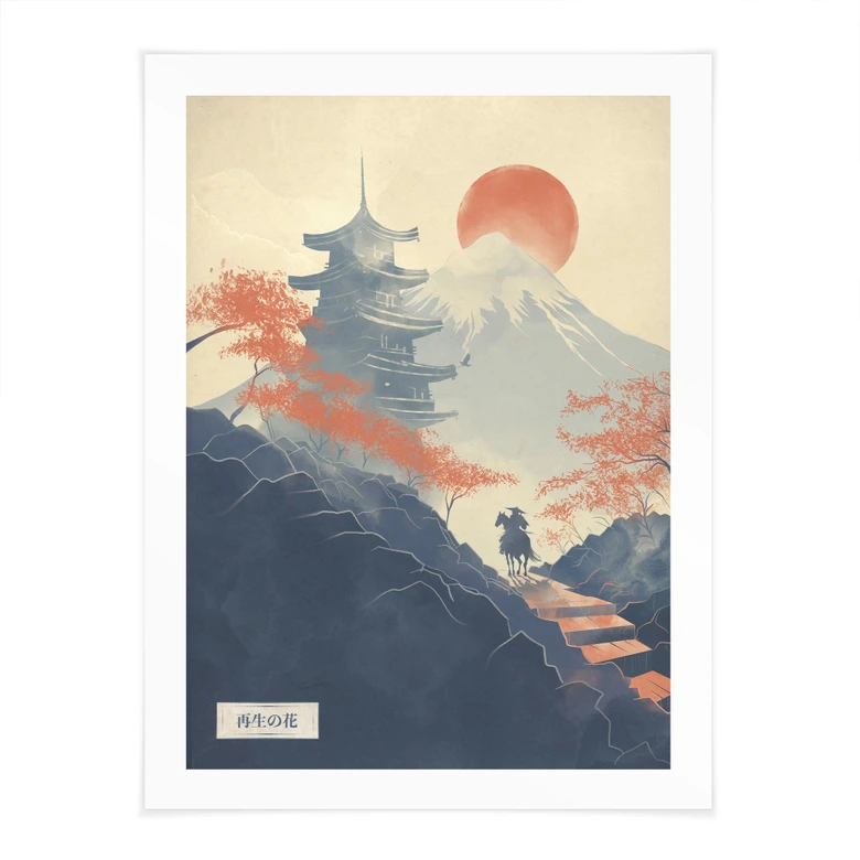 Poster Sonnenaufgang über der Pagode | Vintage Kunst Japan - Roze 