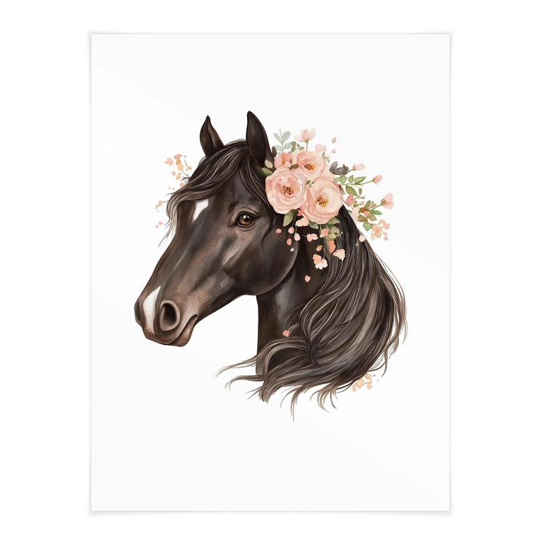 Póster boho negro de caballos con rosas | Póster infantil para amantes de los caballos  