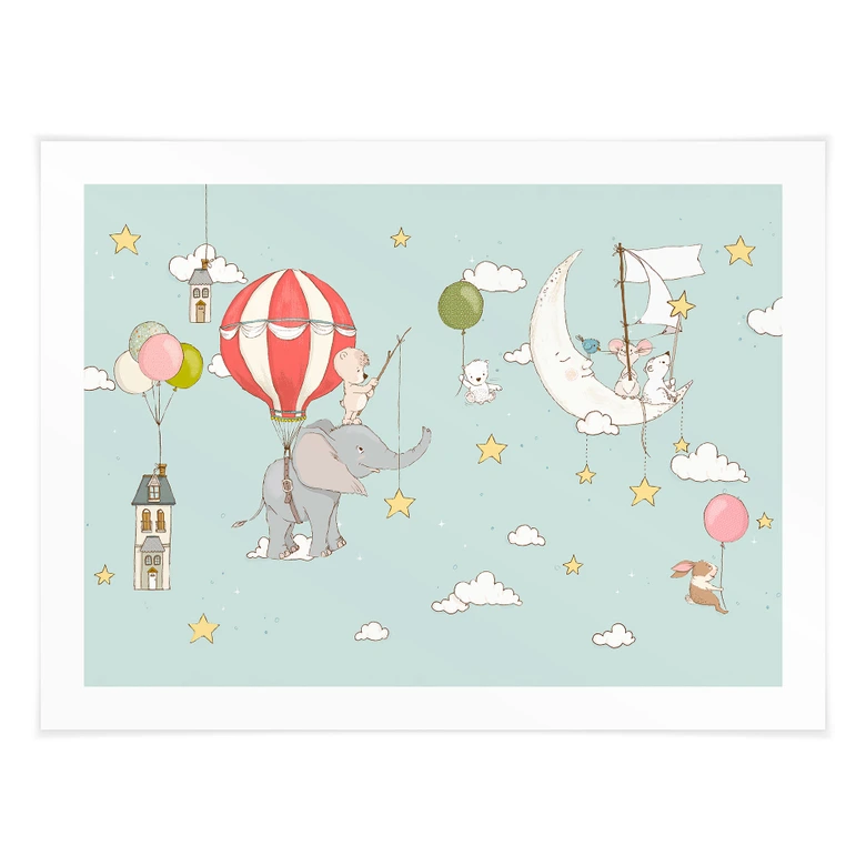 Poster Fliegende Tiere mit Heißluftballon - Skellern 