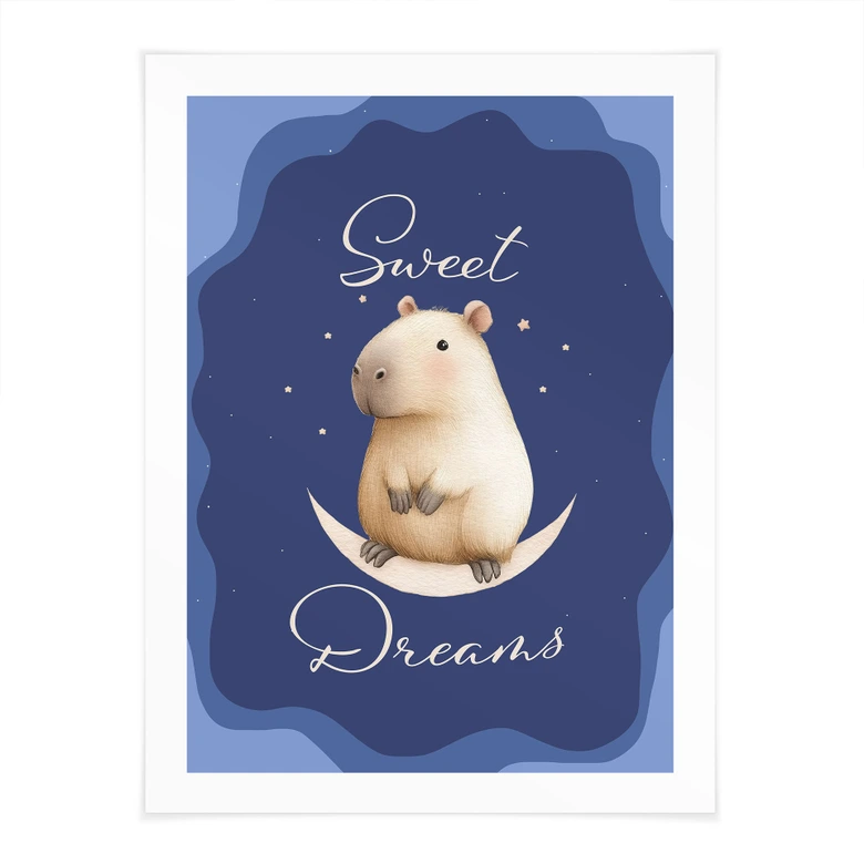 Poster für Kinder - Sweet Dreams - Capybara auf dem Mond 