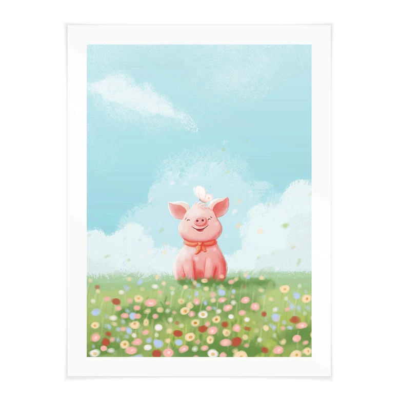 Poster Thaï - Petit cochon joyeux dans la prairie d'été 