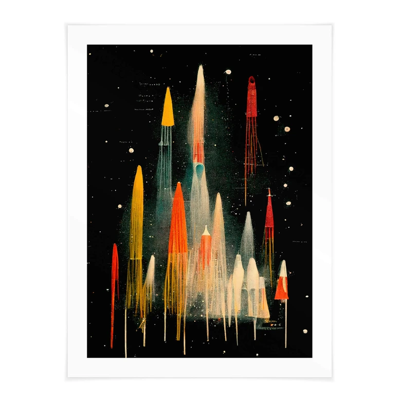 Póster Treechild - Cohetes de colores en un viaje galáctico 