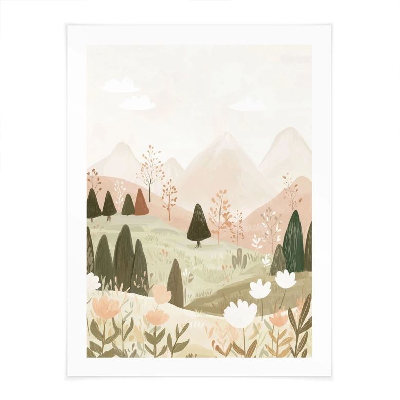 Poster pastellfärgat bergslandskap med blommor - Treechild 