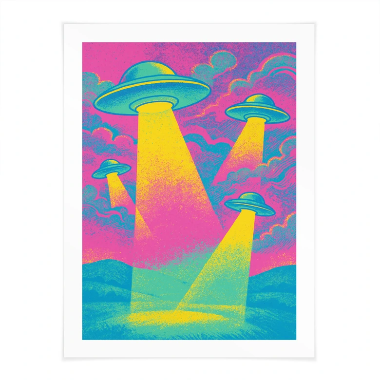 Plakat med UFO-landing i neonfarver - Treechild 