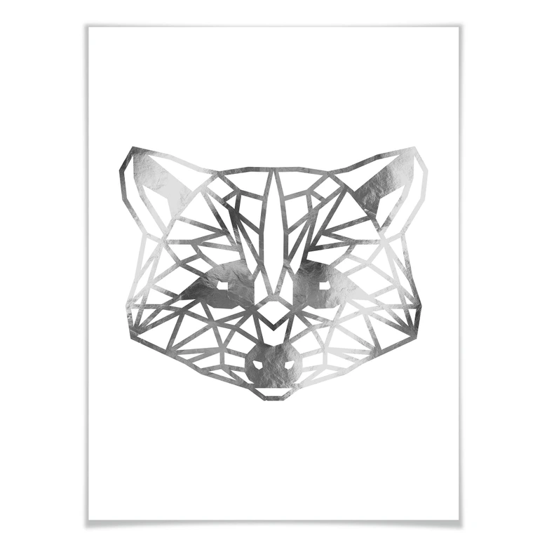 Poster - Origami Waschbär - Silber-Optik 