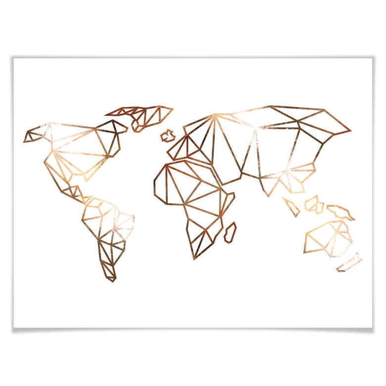 Poster Origami Weltkarte - Kupferoptik 