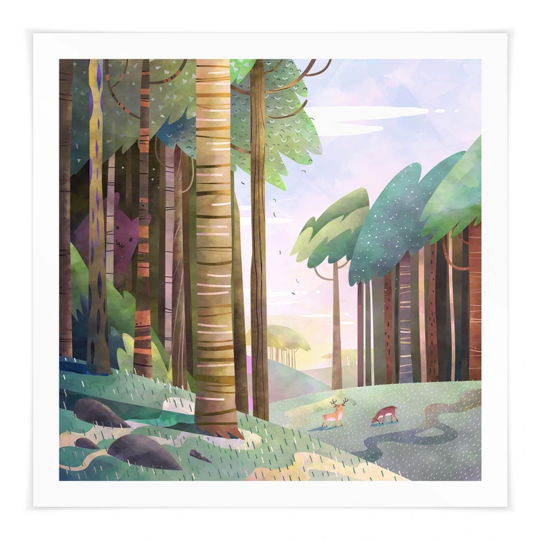 Poster Sonniger Wald mit Hirsch - DigitalArtsi 