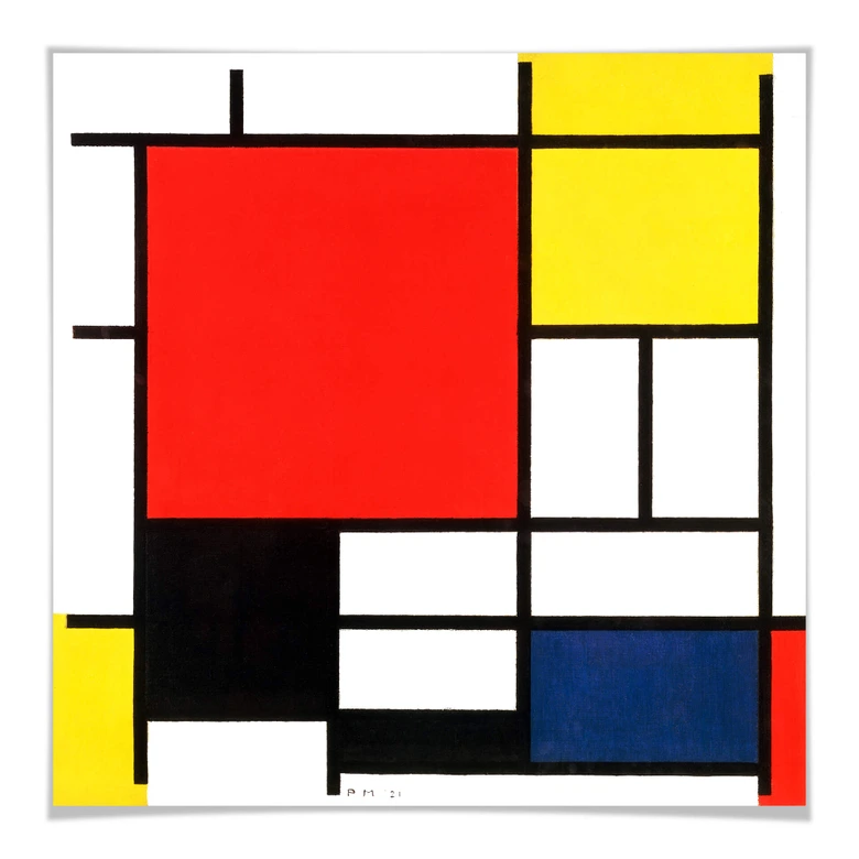 Plakat Mondrian - Kompozycja z czerwonym, żółtym, niebieskim i czarnym - Kwadrat 