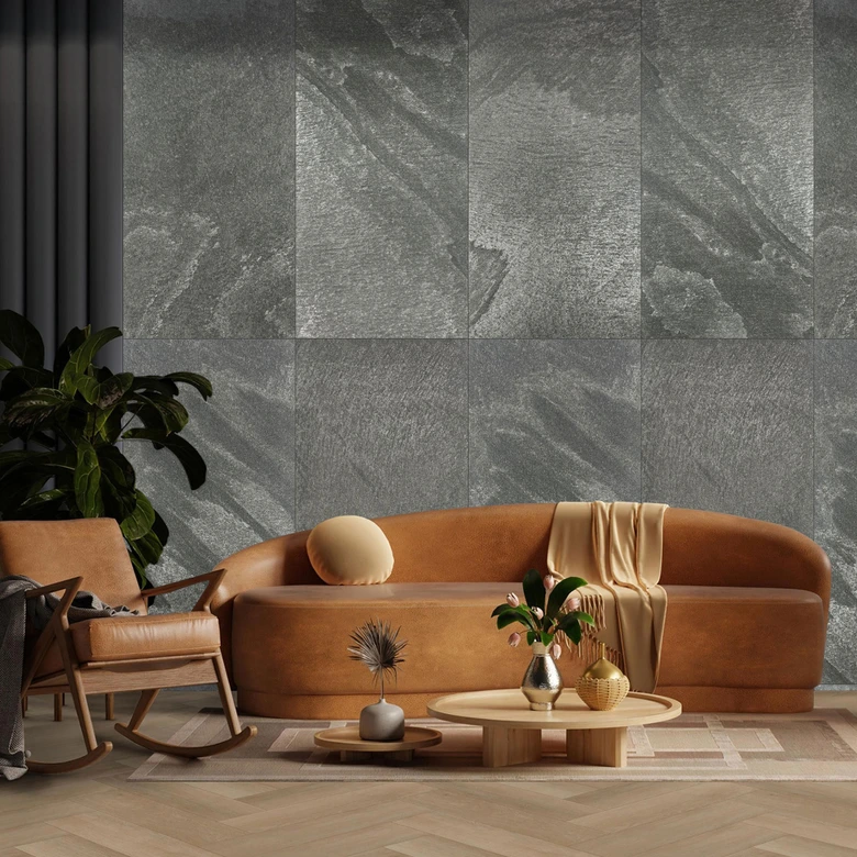 Echtstein - 3D Wandpaneel, Set aus 6 Natursteinplatten als luxuriöse Wandverkleidung - Schiefer Grau 