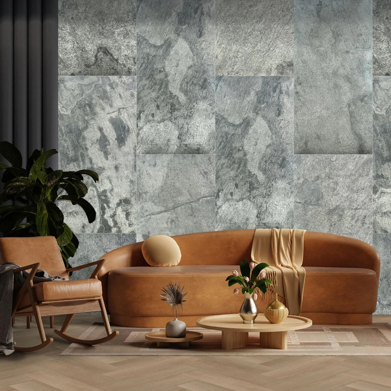 Echtstein - 3D Wandpaneel, Set aus 6 Natursteinplatten als luxuriöse Wandverkleidung - Glimmerschiefer Silber 