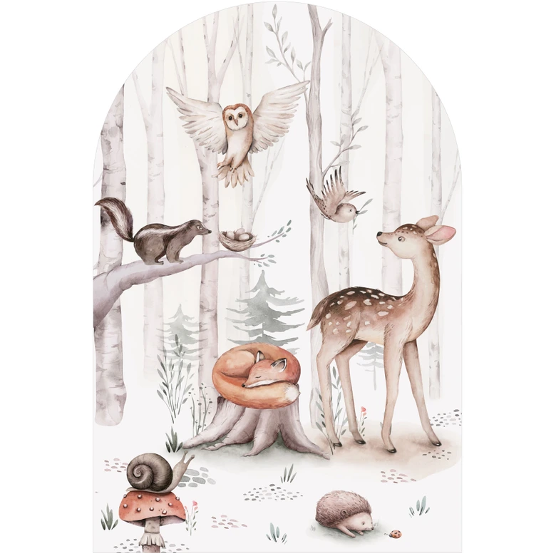 Muursticker rondboog wandpaneel Schattige dieren in het bos - Kvilis - breed 