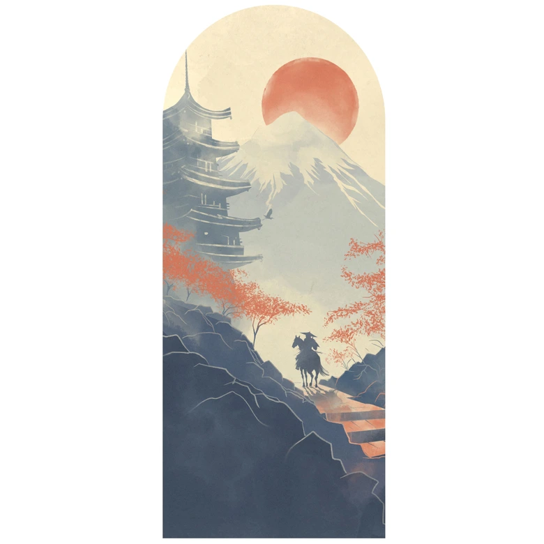 Wall sticker Round arch wall panel Sunrise over the pagoda - Roze - narrow 