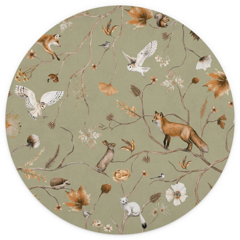 Children's room Wall Mural Playful forest animals on branches - Kikki Belle - Round - Self-adhesive/non-woven 