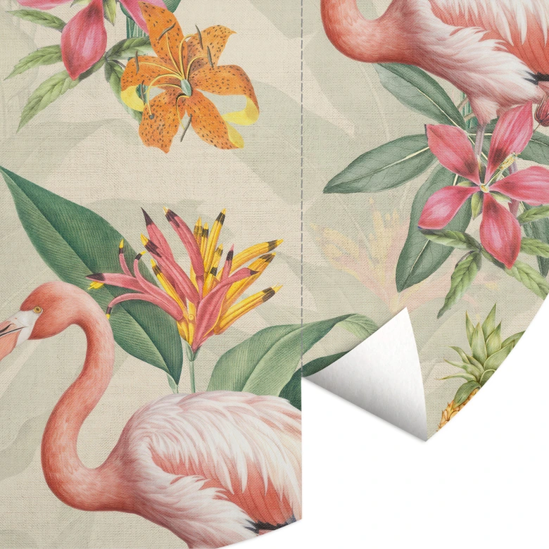 Fotomural de flamencos y hojas tropicales - Bloomery Decor - Redondo - Fotomural autoadhesivo/no tejido 