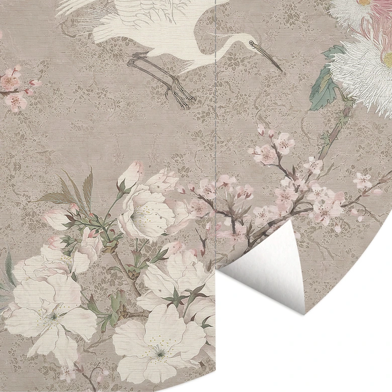 Fototapete Kraniche im Kirschblüten-Rausch Beige | Chinoiserie Tapete - Bloomery Decor - Rund - Selbstklebend/Vlies 