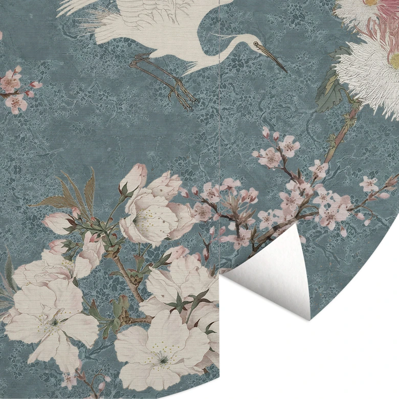 Fototapete Kraniche im Kirschblüten-Rausch Blau - Bloomery Decor - Rund - Selbstklebend/Vlies 