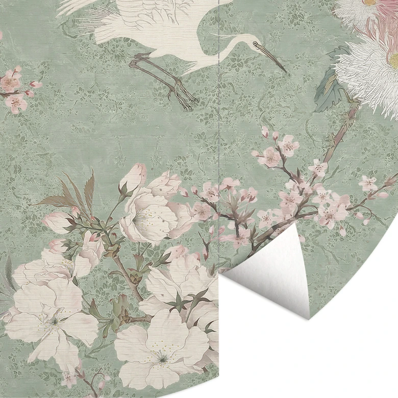 Fototapete Chinoiserie - Kraniche im Kirschblüten-Rausch Grün - Bloomery Decor - Rund - Selbstklebend/Vlies 