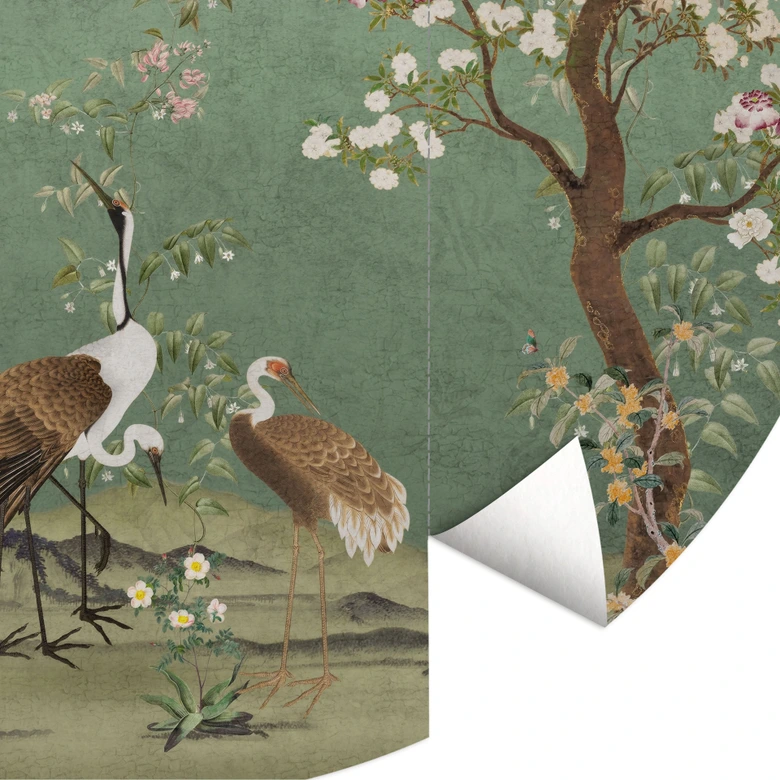 Fototapete Kraniche in floraler Landschaft - Bloomery Decor - Rund - Selbstklebend/Vlies 