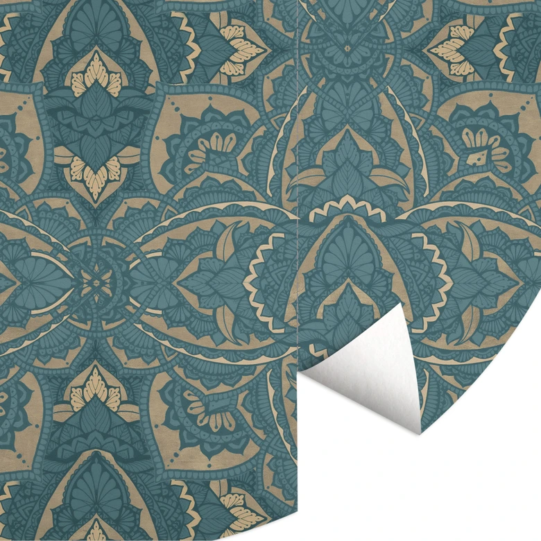 Boho Fototapete Vintage Mandala in Türkisgold - Bloomery Decor - Rund - Selbstklebend/Vlies 