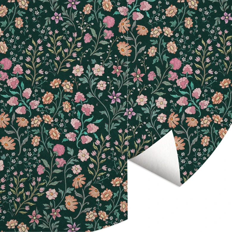 Papel pintado Flores de prado vintage - Verde oscuro - Decoración Floral - Redondo - Autoadhesivo/no tejido 