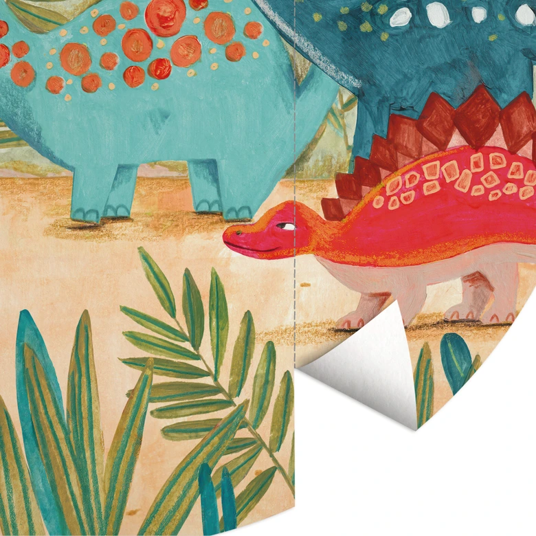 Papier peint photo pour la chambre d'enfant - Dinosaures colorés dans la forêt préhistorique - Bonne Muller - Rond - papier peint intissé/papier peint intissé autocollant 