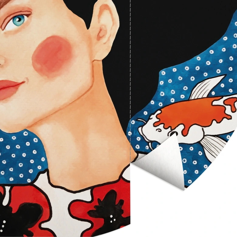 Fototapete Frau im Blütenkleid mit Kois - Hülya - Rund - Selbstklebend/Vlies 