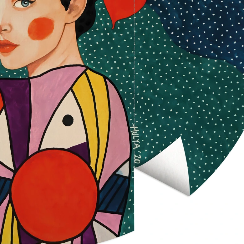 Wall Mural Woman with red flowers and patterned dress - Hülya - Round - Self-adhesive/non-woven 