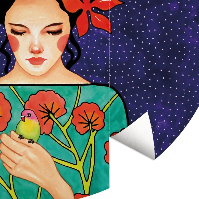 Fototapeta Kobieta z koroną kwiatową i ptakiem - Hülya - Okrągła - Samoprzylepna / nietkana 