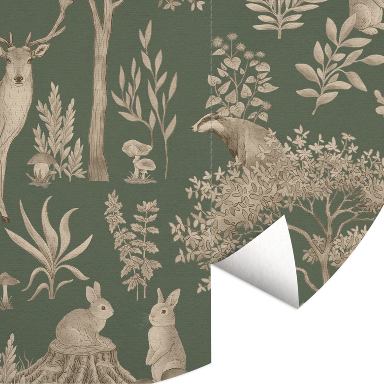 Fortryllende skov med dyr tapet - Vintage grøn - Kikki Belle - Rund - vliesetapet/selvklæbende non-woven tapet 
