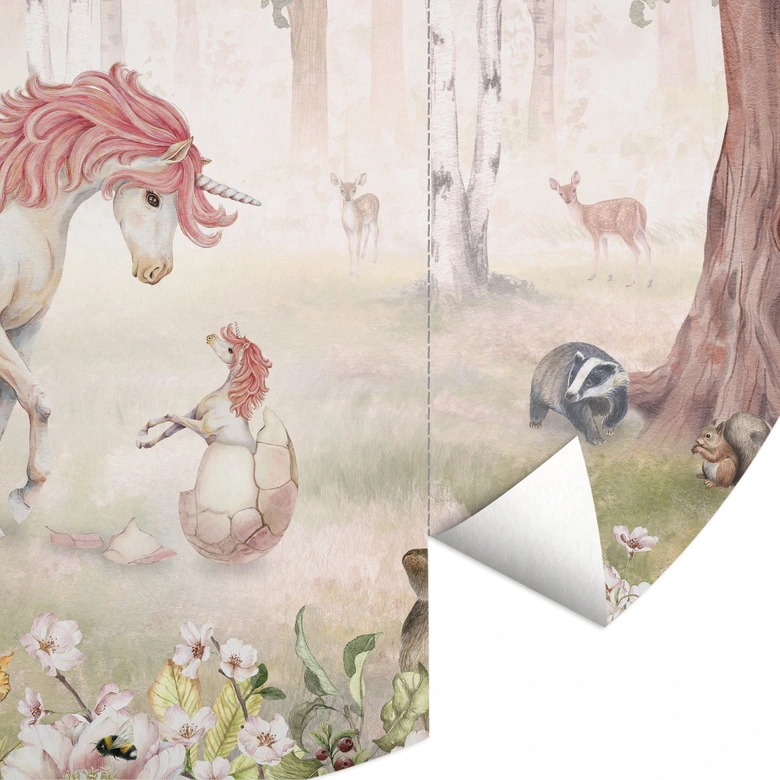 Kinderzimmer Fototapete Märchenhafter Wald mit Einhörnern - Kikki Belle - Rund - Selbstklebend/Vlies 