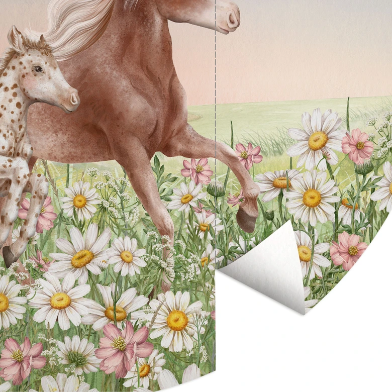 Fototapete Pferde auf der Blumenwiese | Kindertapete mit Pferdemotiv - Kikki Belle - Rund - Selbstklebend/Vlies 