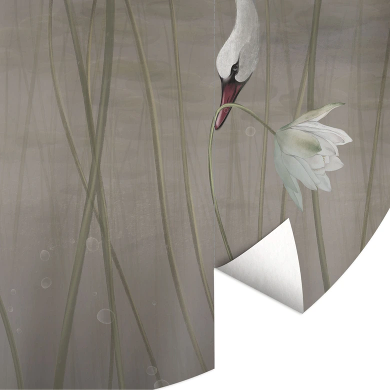 Lotusbloemen met zwaan in het water in grijs - Ms Tiff - Rond - Zelfklevend/niet-geweven 