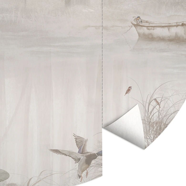 Fototapete Wald am See im Nebel in Beige - Ms Tiff - Rund - Selbstklebend/Vlies 