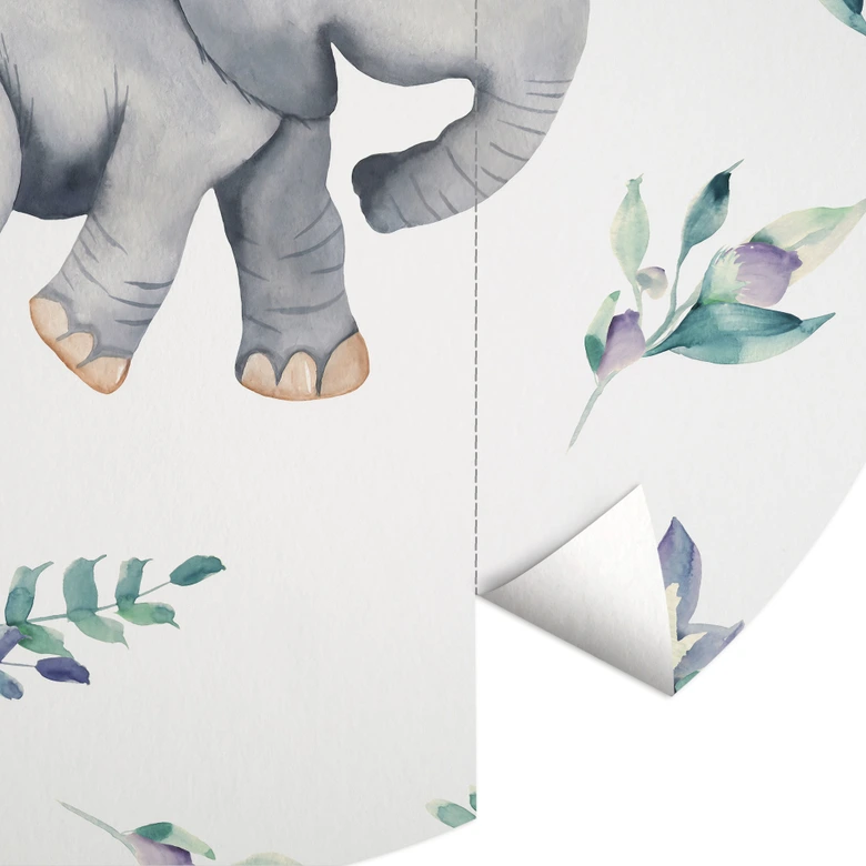 Fototapete Niedlicher Babyelefant zwischen Boho-Zweigen - UN Designs - Rund - Selbstklebend/Vlies 