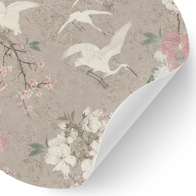 Vinilo decorativo de pared Grullas en un cerezo en flor Beige - Decoración con flores - Redondo 