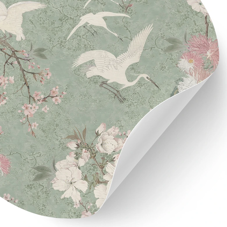 Wandtattoo Kraniche im Kirschblüten-Rausch Grün - Bloomery Decor - Rund 