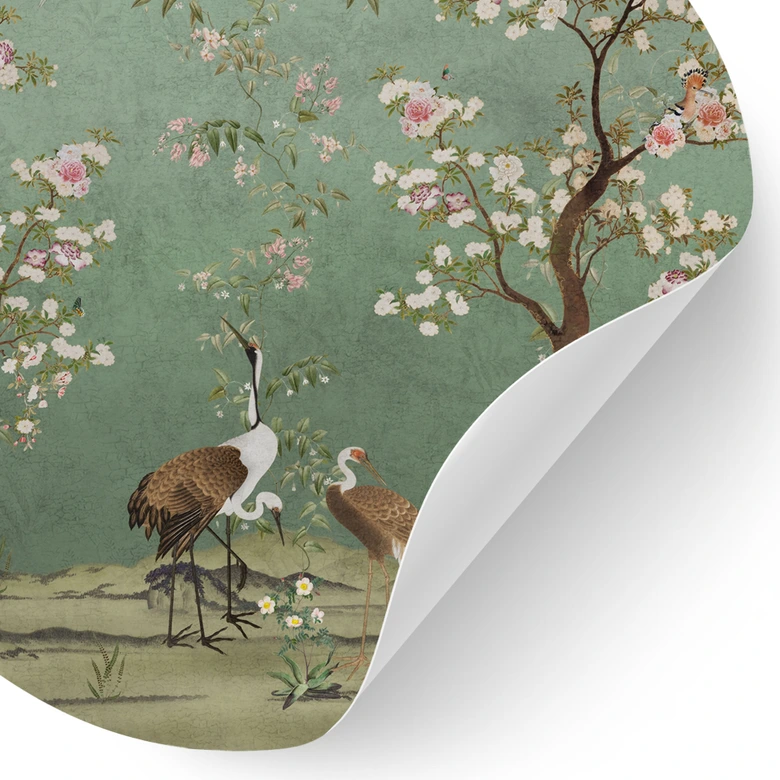 Sticker mural grues dans un paysage floral - Bloomery Decor - Rond 