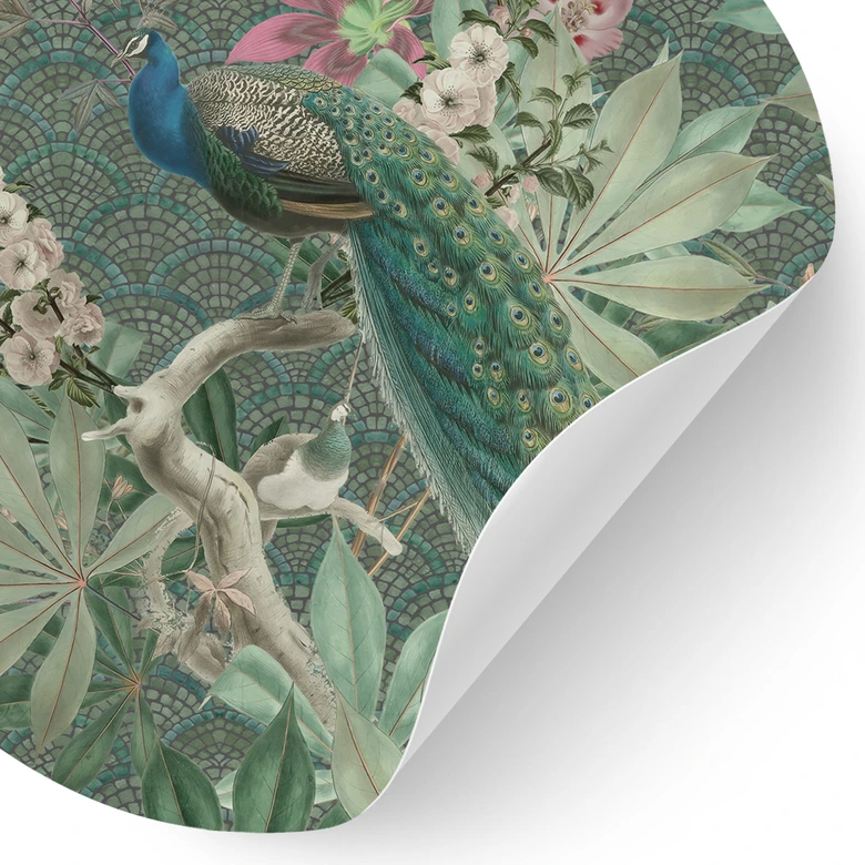 Pavo real en jardín tropical - Vinilo decorativo - Redondo 