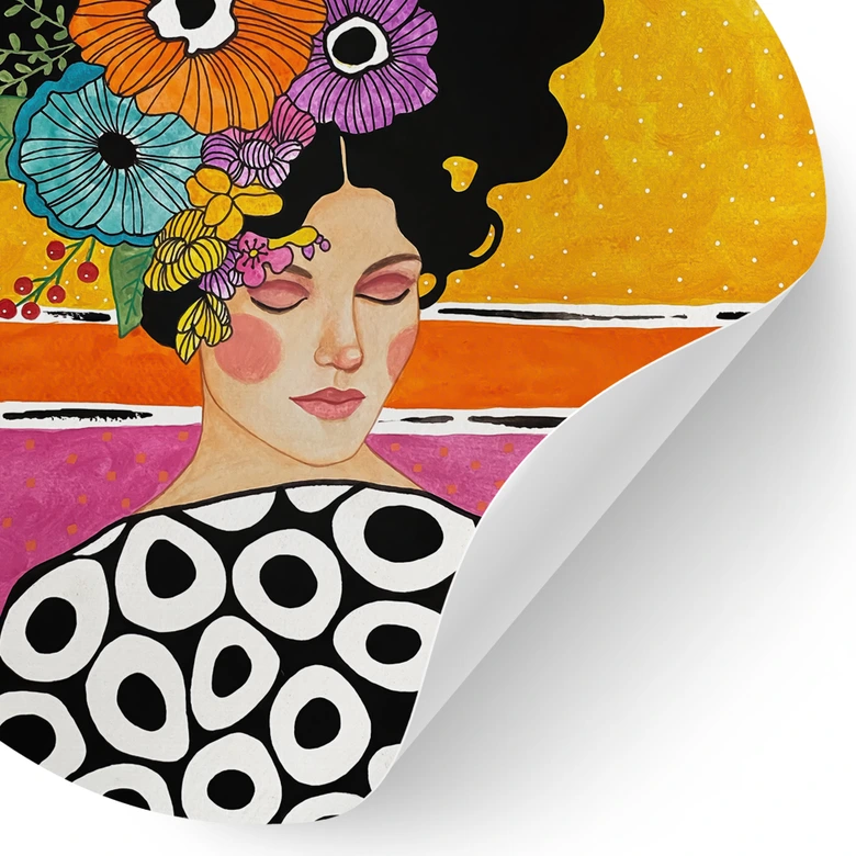 Wallsticker Kvinde med farverig blomsterkrone - Hülya - Rund 