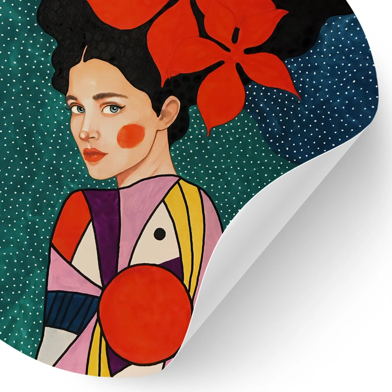 Wandtattoo Frau mit roten Blüten und Musterkleid - Hülya - Rund 