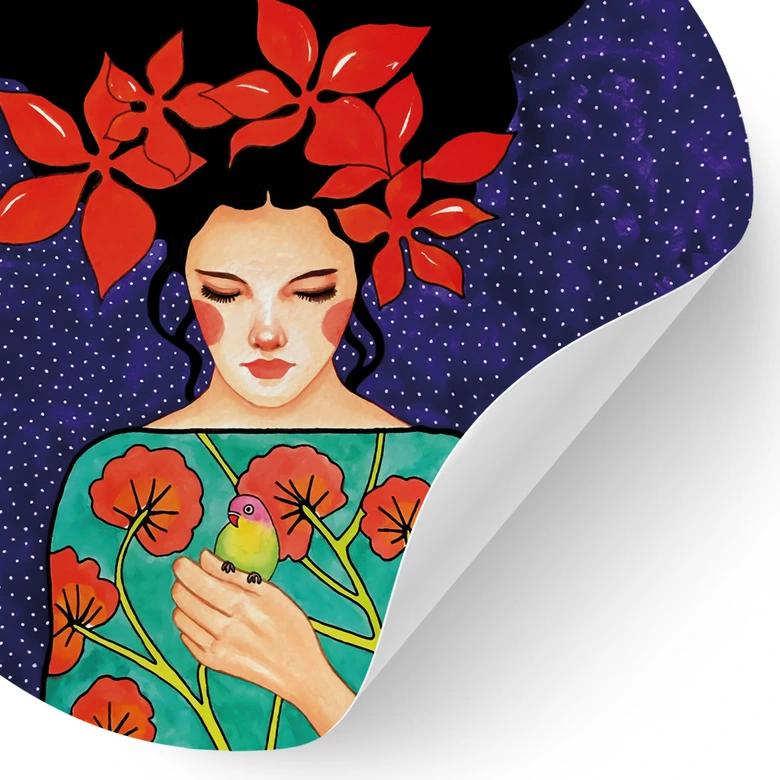 Muursticker Vrouw met rode bloemkroon en vogel - Hülya - Rond 