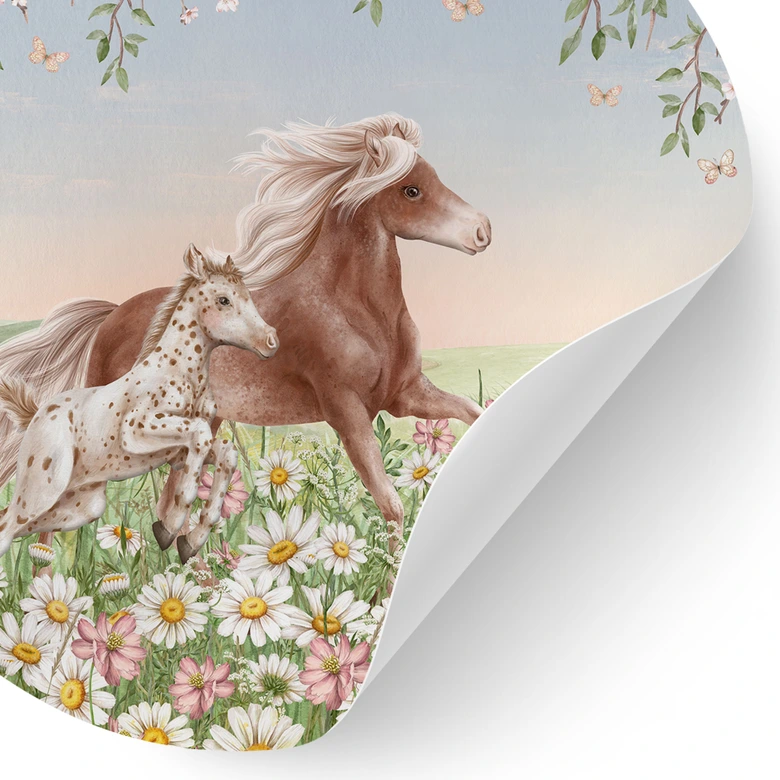 Wallsticker för barnrum Hästar i blomsterängen - Kikki Belle - Rund 