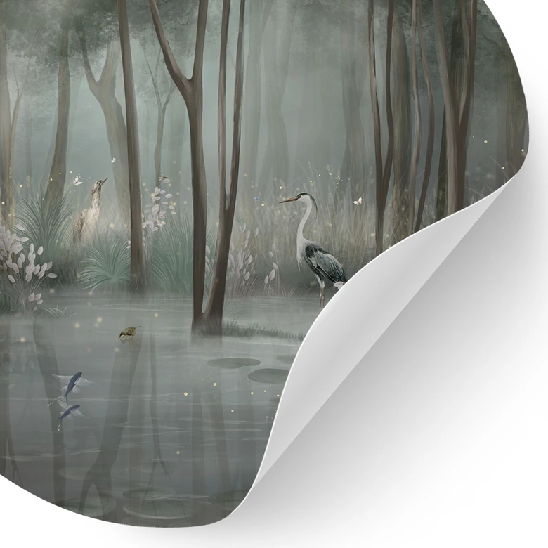 Wandtattoo Nebelwald am See mit Reiher in Grün - Ms Tiff - Rund 
