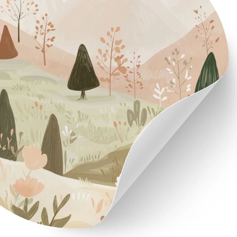 Vinilo decorativo paisaje de montaña en colores pastel con flores - Treechild - Redondo 
